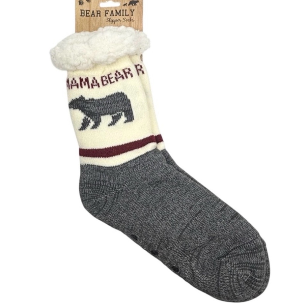NWT Bear Family Salt & Pepper Sherpa Fleece Mama Bear Anti Slip Slipper Socks